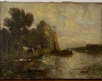 Humeurig landschapsolieverfschilderij, zeilbootschilderij, koeschilderij, landlandschap, rivierlandschap, Nederlands olieverfschilderij, olieverf op doek