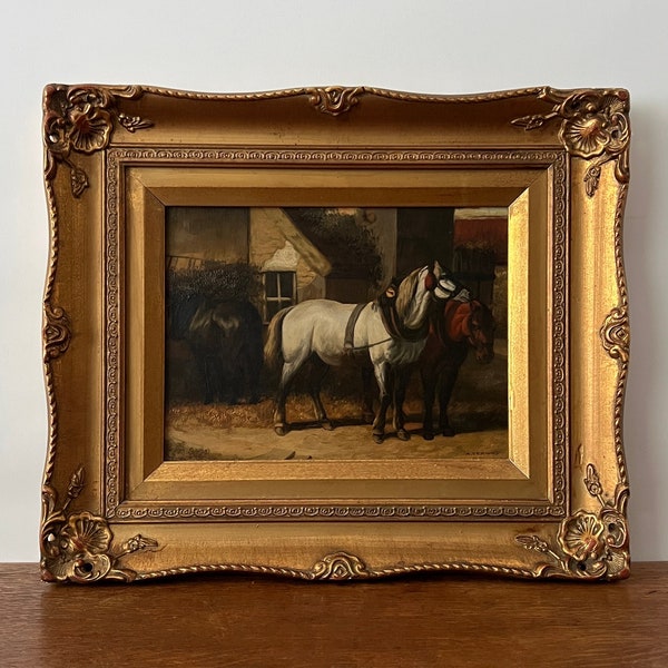 Horses portrait oil painting, black brown white horses in farmyard, dark farm scene, Dutch oil painting, gold framed, original signed