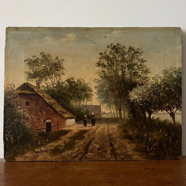 Antique landscape oil painting, country landscape, moody landscape, thatched cottage farmhouse, farmer's wife painting, Dutch oil painting