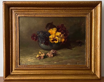 Flower still life oil painting, moody still life, dark still life, floral still life, pansies violets oil painting, floral oil painting