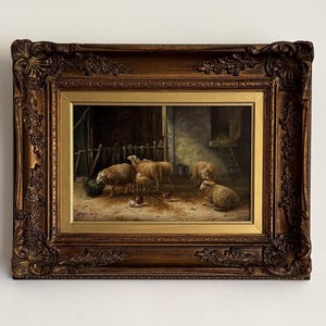 Vintage Sheep Oil Painting - Jan van Baelen - Ornate Gold Frame