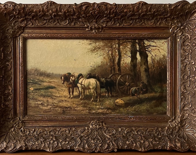 Antique Horses Oil Painting, Farmers Oil Painting, Horses in Landscape