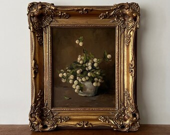 Antique floral still life oil painting, snowberry oil painting, dark still life, moody still life, flower still life, floral painting, Dutch