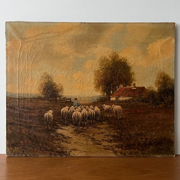 Antique sheep oil painting, shepherd with sheep, moody landscape, landscape with sheep, antique oil painting, shabby antique painting