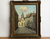 Dutch oil painting, 19th century streetscape, cityscape, street view, old woman strolling in alley old town, church tower, original signed