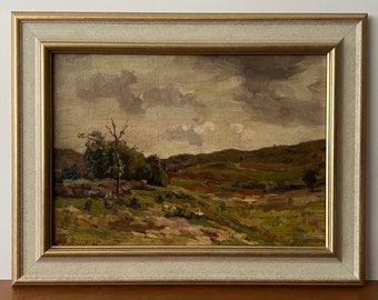 Antiek landschapsolieverfschilderij, humeurig landschap, landlandschap, rustiek landschap, heuvelslandschap, Nederlands olieverfschilderij, olieverf op doek