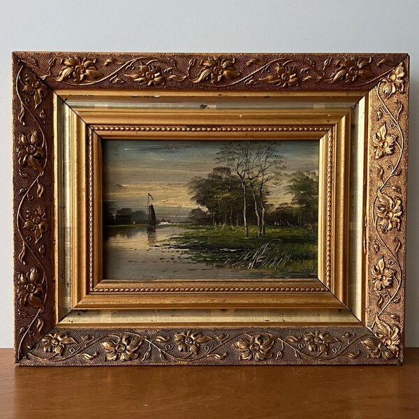 Antique landscape oil painting, sailboat painting, river landscape, sailing boat, small landscape, antique Dutch painting, gesso framed