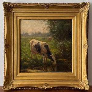 Antique Dutch Cow Painting: Farmhouse Landscape, Gold Gesso Frame