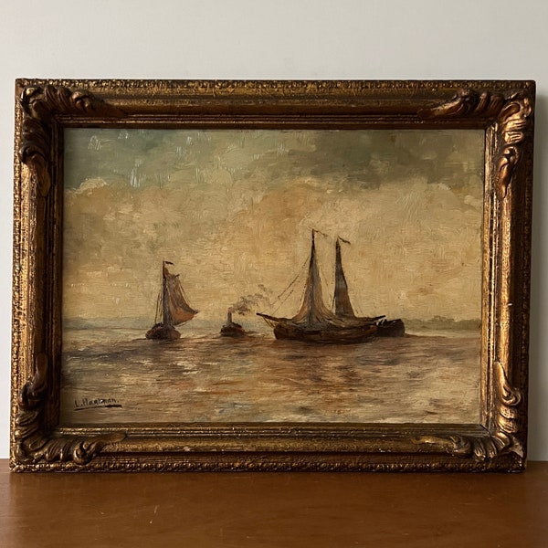 Antique moody seascape oil painting, sailing ships at sea, sailboat oil painting, antique seascape, antique oil painting, Dutch oil painting