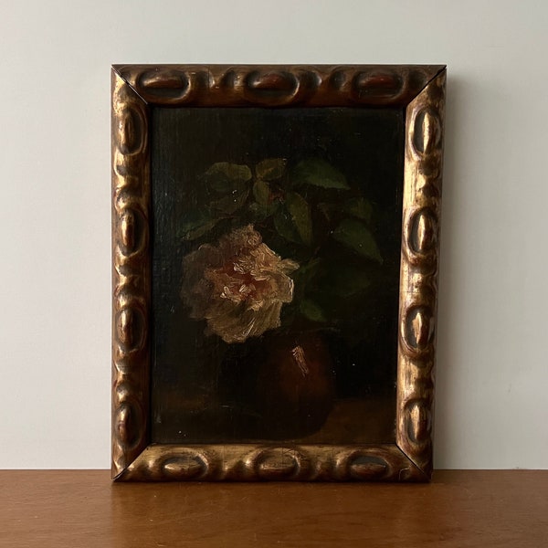 Antique rose still life oil painting, dark still life, moody still life, flower still life, floral still life, 19th century oil painting