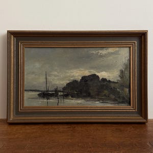 Antique moody river landscape oil painting, sailboat oil painting, country painting, framed landscape, original Dutch oil painting on canvas