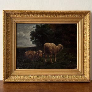Antique sheep oil painting, dark moody landscape, sheep painting, pastoral landscape, antique oil painting original on canvas, gold framed