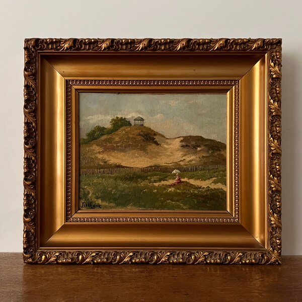 Antique landscape oil painting, elegant lady in a dune landscape, Dutch oil painting, original oil on canvas, gold gesso framed