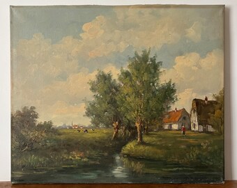 Country landscape oil painting, village landscape, river landscape, countryside painting, rural landscape with cows, Dutch oil painting,