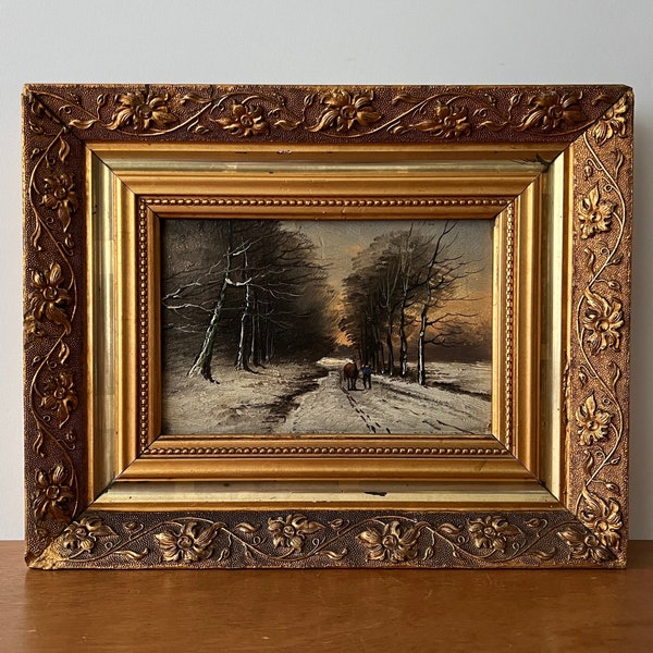 Antique landscape oil painting, man with horse, winter landscape, wooded landscape, small landscape, antique Dutch painting, gesso framed