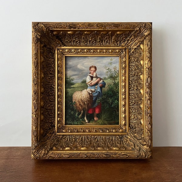 Sheep oil painting, portrait of farm girl with sheep and lamb in countryside, gold gesso framed