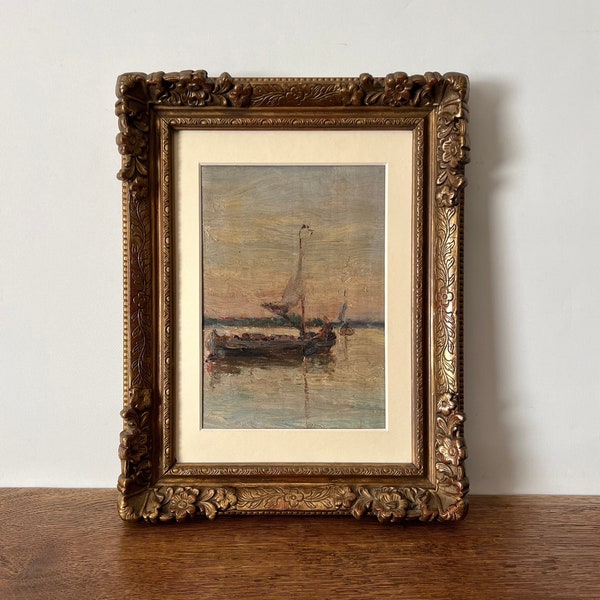 Moody sailboat oil painting, moody oil painting, sailboat on river, small oil painting, Dutch oil painting, original painting, gesso framed