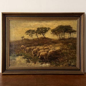 Antique moody sheep oil painting, river landscape with flock of sheep, original oil on canvas, Dutch oil painting, framed sheep painting