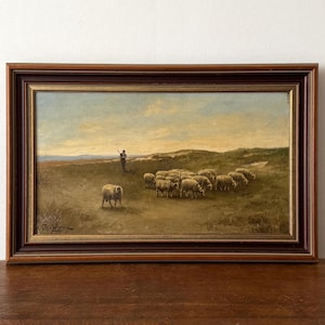 Antique sheep oil painting, shepherd oil painting, landscape oil painting, countryside, original oil painting, 19th century Dutch painting