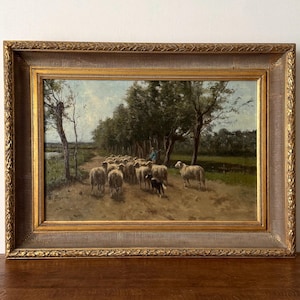 Antique sheep oil painting, shepherd with sheep painting, pastoral landscape, 19th century Dutch oil painting original on canvas, gold frame