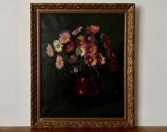 Flower still life oil painting, dark still life, moody still life, floral still life, gerbera painting, flower painting, floral painting