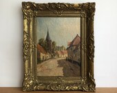 Antique Dutch oil painting, 19th century streetscape, figure in alley old town, cityscape, street view, church tower, original signed framed