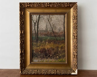 Antiek landschapsolieverfschilderij, humeurig landschap, donker landschap, landelijk landschap, dorpskerkschilderij, antiek olieverfschilderij, gesso frame