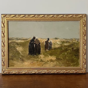 Landscape oil painting, landscape with figures walking in dunes, moody landscape, original oil painting, Dutch oil painting, gold framed