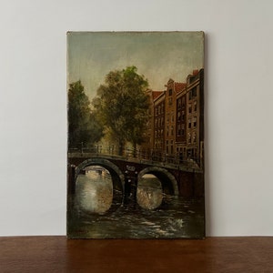 Dutch canal view oil painting, Amsterdam canal painting, canal houses painting, Dutch cityscape, Dutch oil painting, oil on canvas, signed