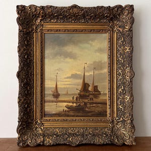 Antikes Seelandschaft Ölgemälde, Küsten Szene, Segelboot Malerei, Maritime Malerei, Holländische Ölgemälde original auf Leinwand, mit Gessorahmen