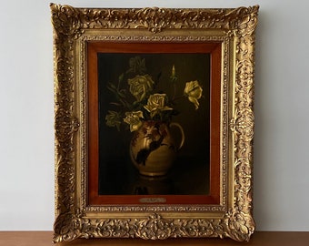 Flower still life oil painting, antique rose painting, dark moody floral still life, floral oil painting, Dutch oil painting, gesso framed