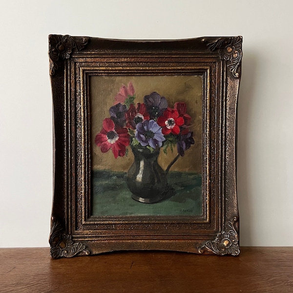 Antique floral still life oil painting, anemones oil painting, flower oil painting, flower still life, floral oil painting, gesso framed