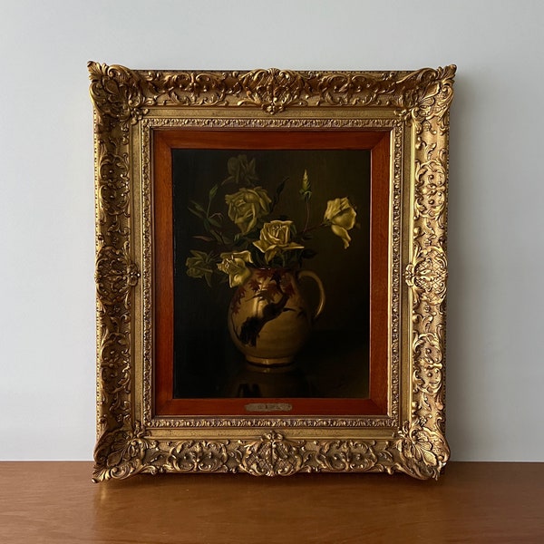 Flower still life oil painting, antique rose painting, dark moody floral still life, floral oil painting, Dutch oil painting, gesso framed