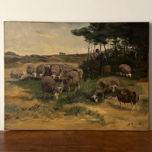 Large vintage sheep oil painting, landscape with shepherd and flock sheep in countryside, original Dutch oil painting on canvas, signed