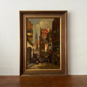 Antique streetscape oil painting, moody 19th century town scene with figures on the street, Dutch oil painting, original signed