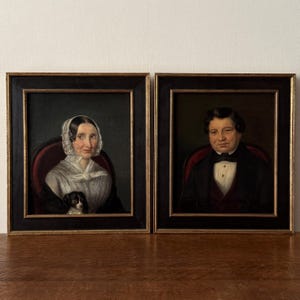Small antique couple portrait oil paintings, 1800s portraits, man and woman with dog, 19th Century Dutch oil painting original on canvas