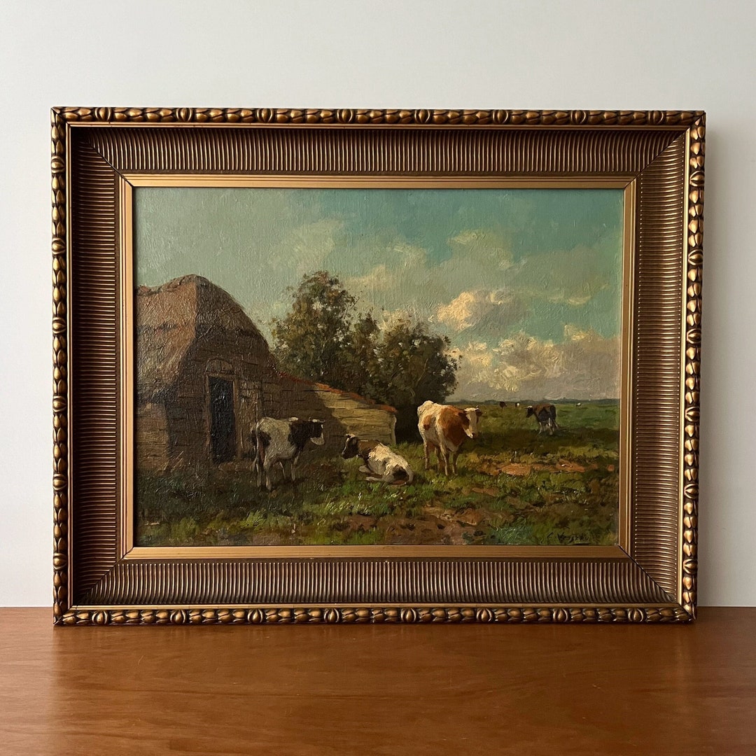 Antique Cows Oil Painting, Cows in Pasture, Cows in Meadow, Landscape