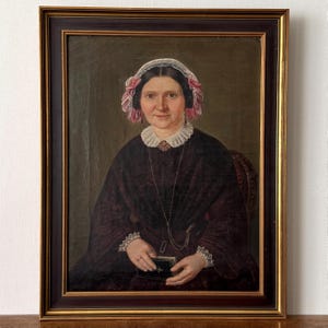 1800s Antique Oil Painting: Woman with Bible, Framed Religious Art
