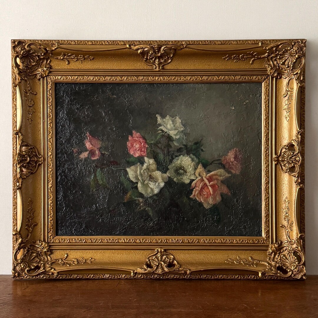 Antique Roses Still Life Oil Painting, Moody Floral Painting, Flowers ...