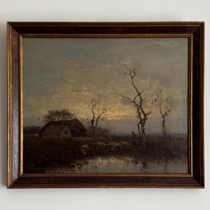 Antique sheep oil painting, shepherd with sheep, moody landscape, country landscape, Dutch oil painting original on canvas, gold framed art