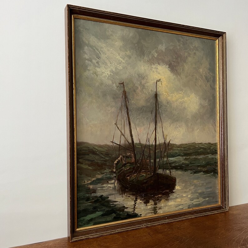 Moody River Landscape Oil Painting, Sailboats Painting, Fishing Boats