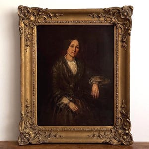 1800s Dutch Portrait Oil Painting: Lady in Gold Gesso Frame