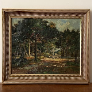Antique sheep oil painting, sheep painting, shepherd painting, landscape painting, framed landscape, original oil on canvas, Dutch painting