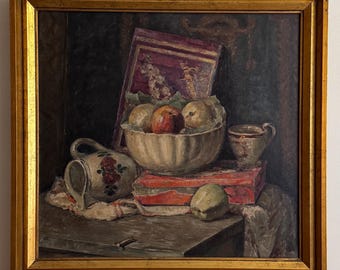 Vintage Still Life Painting: China, Books & Fruit