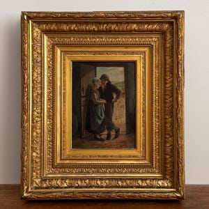 19th Century Dutch Oil Painting: Peasant Boy and Girl, Gold Gesso Frame