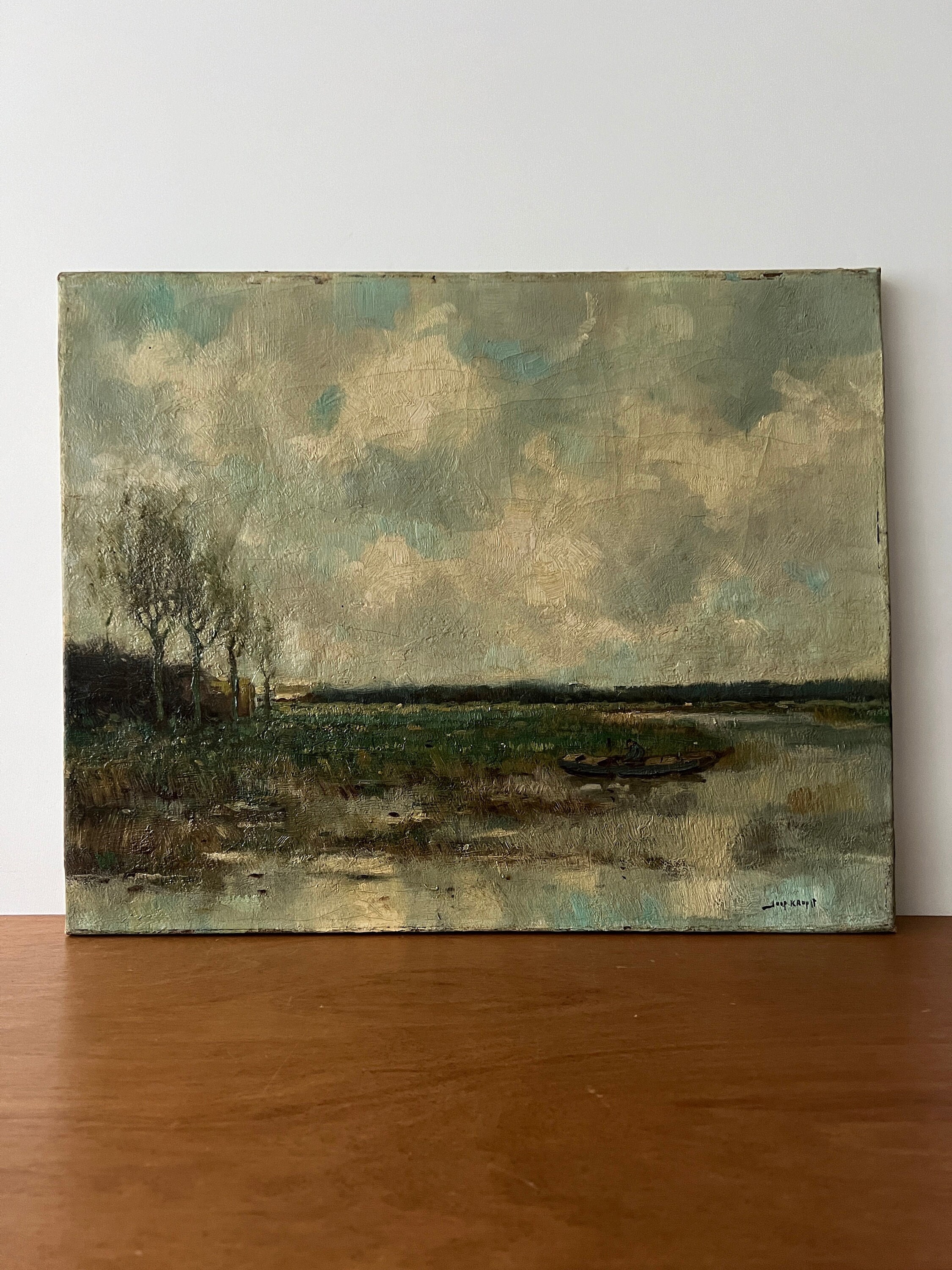 Antique moody landscape oil painting, fisherman oil painting, river landscape, rowing boat painting, Dutch oil painting, original on canvasthumbnail