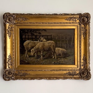 Antique sheep oil painting, moody pastoral landscape, 19th century art, original antique oil painting, 1800s sheep painting, gesso framed