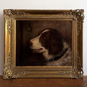 19th Century antique dog portrait oil painting, Springer Spaniel oil painting, dark and moody art, original oil on canvas, gold gesso framed