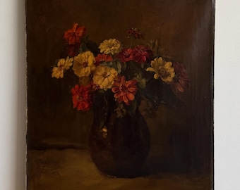 Antique Moody Flowers Oil Painting,  Dutch Still Life