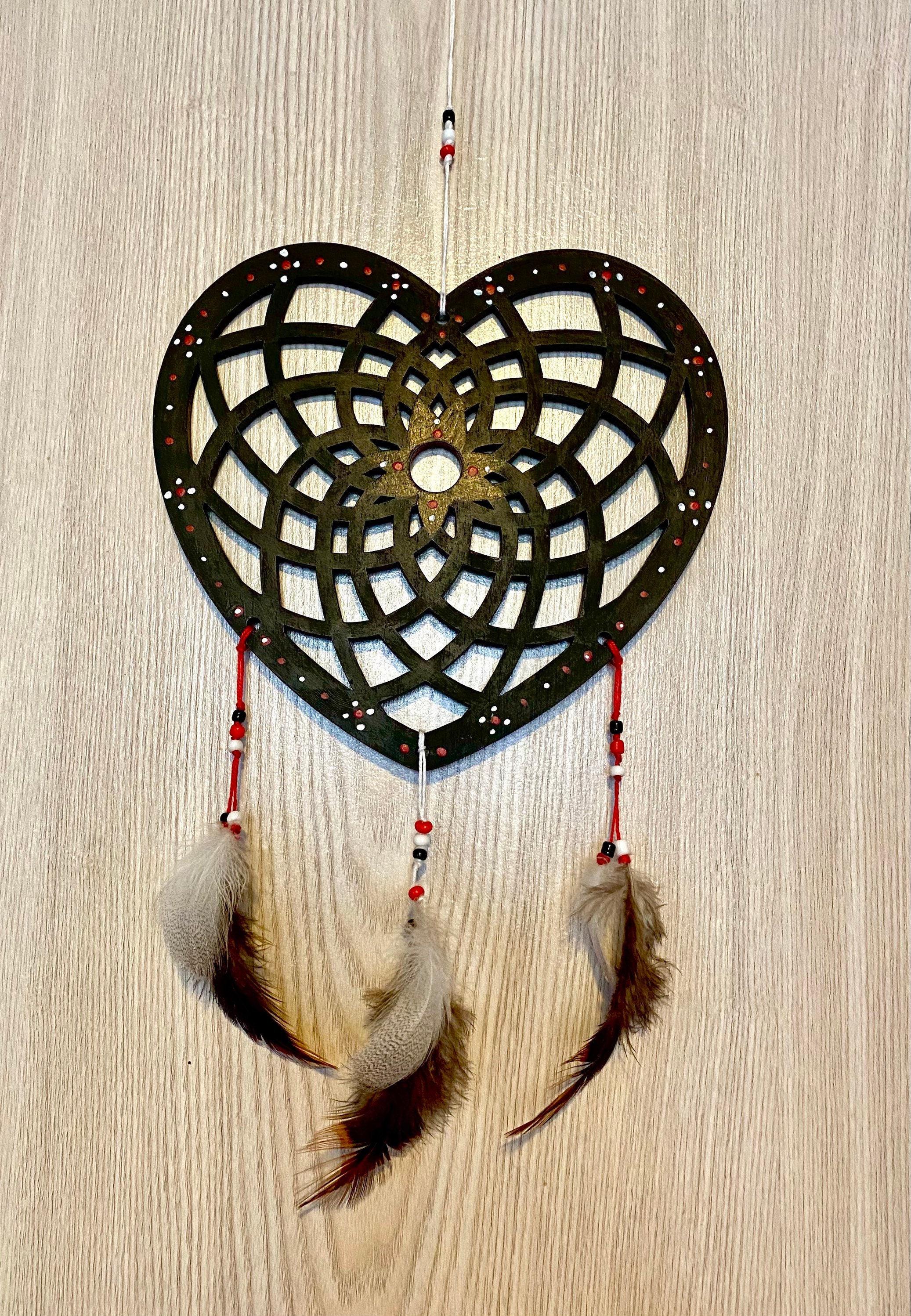 Décoration Murale en Bois, Cœur avec Plumes